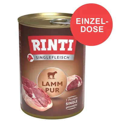 Rinti Singlefleisch Lamm Pur, getreidefrei, 1 Protein. Einzel-Dose mit Abbildung von frischem Lammfleisch. Rinti Singlefleisch Lamm Pur, getreidefrei, 1 Protein. Einzel-Dose mit Abbildung von frischem Lammfleisch.