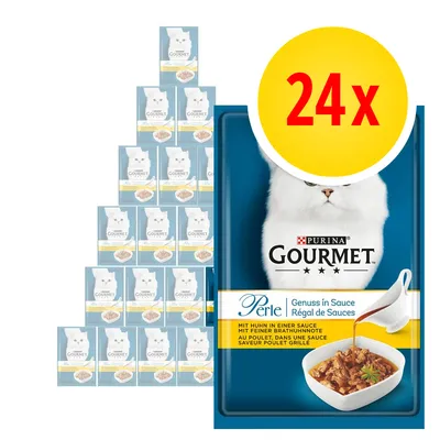 Purina Gourmet Perle kattenvoer, 24 stuks. Op verpakking: 'Genuss in Sauce', 'Mit Huhn in einer Sauce'. Afbeelding van witte kat en kom met natvoer in saus. Purina Gourmet Perle kattenvoer, 24 stuks. Op verpakking: 'Genuss in Sauce', 'Mit Huhn in einer Sauce'. Afbeelding van witte kat en kom met natvoer in saus.