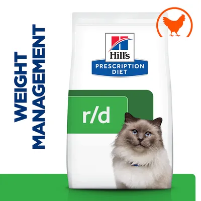 Hill's Prescription Diet r/d храна за котки, надпис WEIGHT MANAGEMENT, изображение на котка и икона на пиле горе вдясно.