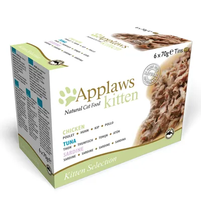 Applaws kitten Natural Cat Food Kitten Selection, 6×70g konzerv. Druhy: chicken, tuna, sardine. Text: Made with natural ingredients. Viditelná část krmiva na obalu.