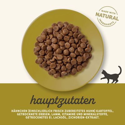 Hauptzutaten: Hähnchen, Kartoffel, getrocknete Erbsen, Lamm, Vitamine, Mineralstoffe, getrocknetes Ei, Lachsöl, Zichorien-Extrakt. Made with natural ingredients.