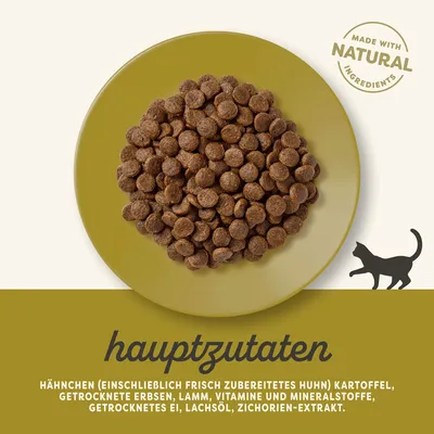 Hauptzutaten: Hähnchen, Kartoffel, getrocknete Erbsen, Lamm, Vitamine, Mineralstoffe, getrocknetes Ei, Lachsöl, Zichorien-Extrakt. Made with natural ingredients.