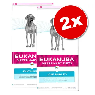 Два пакета Eukanuba Veterinary Diets Joint Mobility, всеки по 12 кг. Видим надпис: 2x. Два пакета Eukanuba Veterinary Diets Joint Mobility, всеки по 12 кг. Видим надпис: 2x.