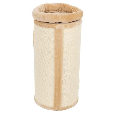 Colonna tiragraffi con bordo in peluche beige e superficie in sisal, forma cilindrica.