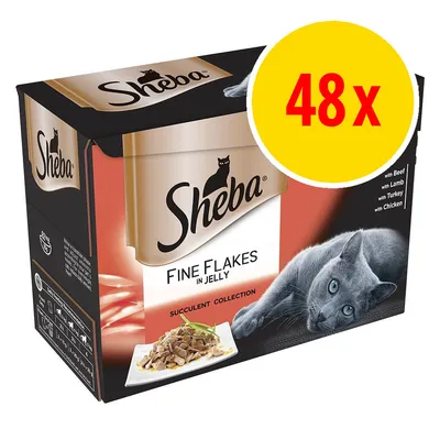 Sheba Fine Flakes in Jelly Succulent Collection, 48 pack. Includes with beef, lamb, turkey and chicken varieties. Sheba Fine Flakes in Jelly Succulent Collection, 48 pack. Includes with beef, lamb, turkey and chicken varieties.