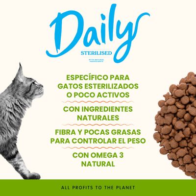 Daily Sterilised Comida para gatos esterilizados. Para gatos esterilizados o con poca actividad, con ingredientes naturales, fibras, bajo en grasas para el control del peso y omega 3 natural.