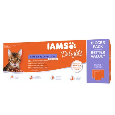 Упаковка IAMS Delights Land & Sea Collection in Gravy для взрослых кошек, 48×85 г, вкусы: курица и индейка, ягненок и перец, тунец и горох, лосось и треска.