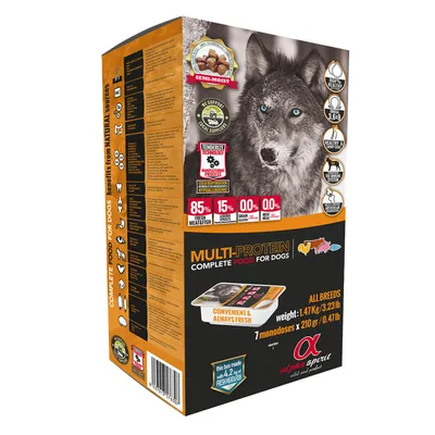 Alpha Spirit Multi-Protein Complete Food for Dogs box, 1.47kg, 7 x 210g monodoses, 85% fresh meat/fish, 15% other ingredients, 0% grain gluten, 0% meat meal, visible wolf image and badges. Alpha Spirit Multi-Protein Complete Food for Dogs box, 1.47kg, 7 x 210g monodoses, 85% fresh meat/fish, 15% other ingredients, 0% grain gluten, 0% meat meal, visible wolf image and badges.