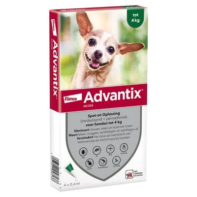 Advantix® 40/200 Spot-On Solution voor Honden tot 4 kg - 4 Pipetten x 0,4 ml - NL