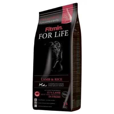 Fitmin FOR LiFE LAMB & RICE, kompletné krmivo pre dospelých psov, 15 % jahňacieho mäsa, 15 kg balenie. Hypoalergénne, bez kukurice a pšenice, s čakankou ako prebiotikum.