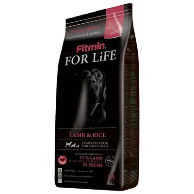 Fitmin FOR LiFE Lamb & Rice, komplettfoder för vuxna hundar, 15 % lammkött, 15 kg. Text: Fresh ingredients, 24/14, hypoallergenic, no maize, no wheat.