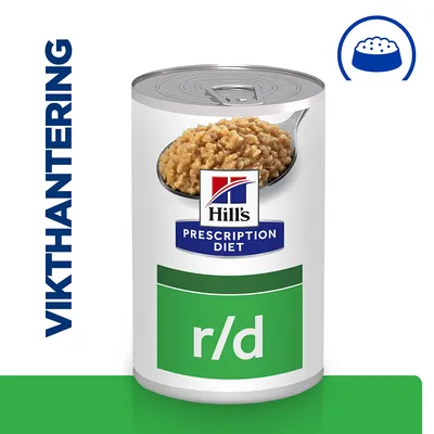 Hill's Prescription Diet r/d våtfoderburk med bild på maten, texten 'VIKTHANTERING' och en ikon av en matskål synliga. Hill's Prescription Diet r/d våtfoderburk med bild på maten, texten 'VIKTHANTERING' och en ikon av en matskål synliga.