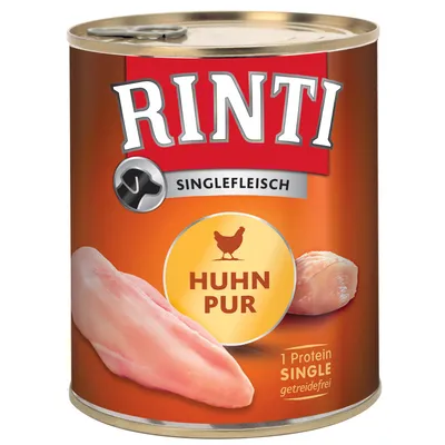 RINTI Singlefleisch Huhn Pur -koiran märkäruokapurkki, etiketissä kananlihan kuva ja tekstit: 1 Protein SINGLE, getreidefrei. Teksti saksaksi.