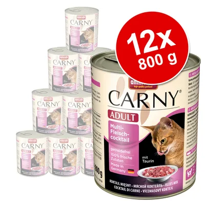 Balenie 12 konzerv Animonda Carny Adult Multi-Fleisch-Cocktail, každá 800 g. Viditeľné texty: bez obilnín, 100 % čerstvé ingrediencie, vyrobené v Nemecku, s taurínom.