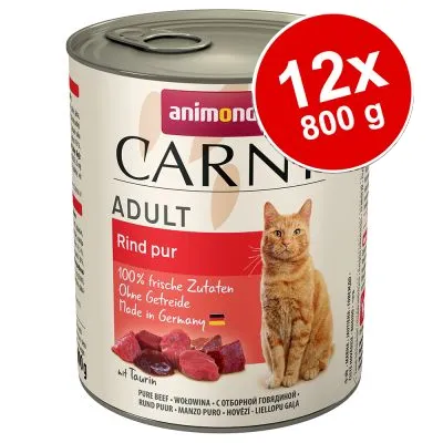 Animonda Carny Adult Rind pur, 12×800 g. Text: 100 % frische Zutaten, Ohne Getreide, Made in Germany. Bild på nötkött och katt. Med taurin.
