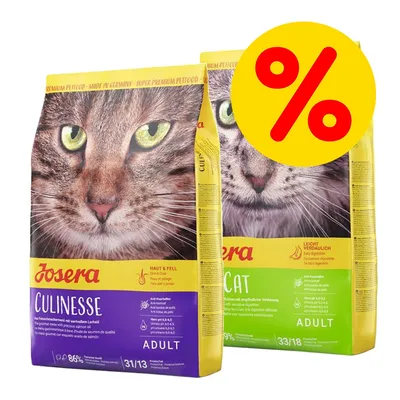 Josera Culinisse und Josera Cat Adult Trockenfutter für Katzen. Made in Germany, leicht verdaulich, Haut & Fell Pflege, 86% tierisches Protein. Gelbes Rabattzeichen mit rotem Prozent-Symbol.