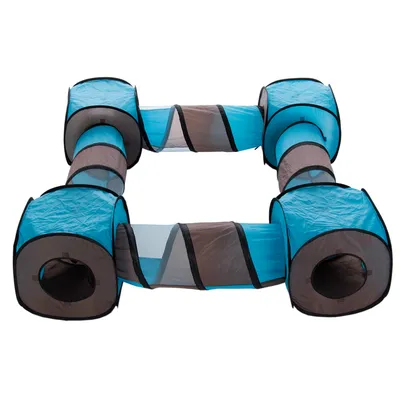Toy tunnel made of blue and grey fabric with mesh sections, four entrances and connecting tunnels.