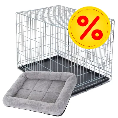 Metall-Gitterbox mit schwarzem Boden und grauem gepolstertem Hundebett. Gelbes Rabatt-Symbol mit rotem Prozentzeichen sichtbar.