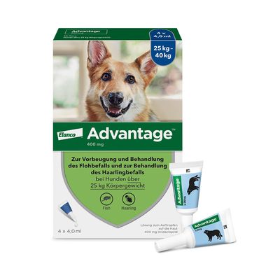 Elanco Advantage 400 mg. Lösung zur Vorbeugung und Behandlung von Floh- und Haarlingsbefall bei Hunden über 25 kg Körpergewicht. Packung mit 4 x 4,0 ml Pipetten.