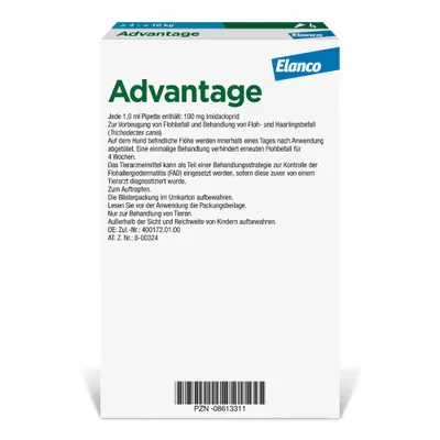 Advantage Elanco. Zur Vorbeugung und Behandlung von Floh- und Haarlingsbefall, enthält 100 mg Imidacloprid pro 1 ml Pipette. Nur zur Anwendung bei Tieren. Hinweise auf Verpackung beachten.