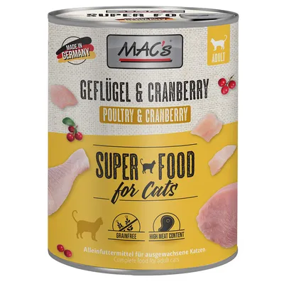 Konzerva MAC's Geflügel & Cranberry, Super Food for Cats, Grainfree, High Meat Content, Complete food for adult cats, Made in Germany. Vyobrazeno maso a brusinky.