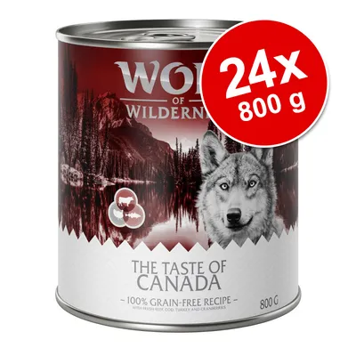 Wolf of Wilderness The Taste of Canada, spannmålsfritt recept, 24x800 g. Text: 100% grain-free recipe, with fresh beef, cod, turkey and cranberries. 800 g.
