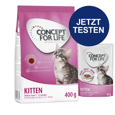 Concept for Life Kitten, Katzenfutter für Katzenwelpen von 2-12 Monaten. Packung 400g Trockenfutter und 85g Gelee-Nassfutter. Jetzt testen.