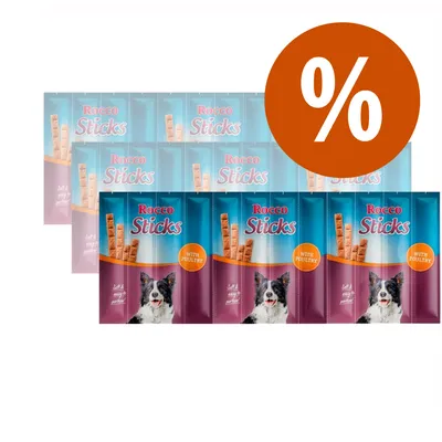 Více balení Rocco Sticks with poultry, na obalu pes a oranžové procento označující akční nabídku. Viditelný nápis: Soft & easy to portion.