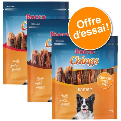 Rocco Chings Double Chicken with Liver, sachets de 200 g avec texte 'Double meat & pleasure!' et pastille orange 'Offre d’essai!'. Image d’un chien sur l’emballage.