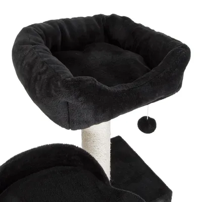Tiragraffi nero con superficie imbottita, tronchetto in sisal e pallina da gioco sospesa.