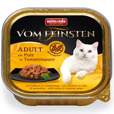 animonda Vom Feinsten ADULT mit Pute in Tomatensauce, bez žitarica, prikaz komadića puretine u umaku od rajčice na tanjuru, ambalaža za mačke
