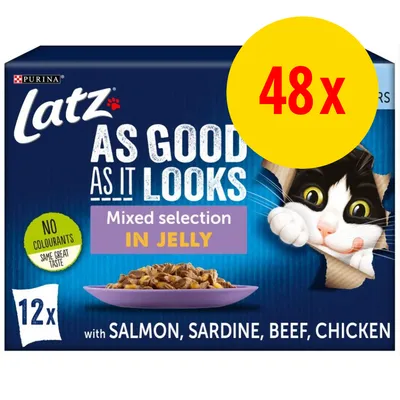 Latz As Good As It Looks Mixed selection in jelly, 48x12 stk. med laks, sardin, oksekød, kylling. Ingen farvestoffer. Purina. Billede af kat og skål med foder.
