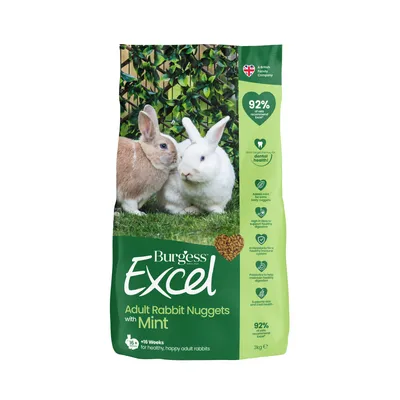 Adult rabbit nuggets with mint, 92% of vets recommend Excel, supports dental health, added mint, high fibre, antioxidants, prebiotics, supports skin and coat, suitable for rabbits over 16 weeks. Adult rabbit nuggets with mint, 92% of vets recommend Excel, supports dental health, added mint, high fibre, antioxidants, prebiotics, supports skin and coat, suitable for rabbits over 16 weeks.