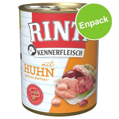 Rinti Kennerfleisch mit Huhn getreidefrei, Enpack. Bild på konservburk med synliga köttbitar och grön cirkel med texten Enpack.