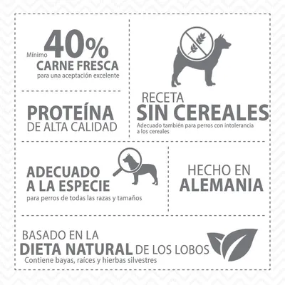 Mínimo 40 % carne fresca, proteína de alta calidad, receta sin cereales, adecuado a la especie, hecho en Alemania, basado en la dieta natural de los lobos. Contiene bayas, raíces y hierbas silvestres.