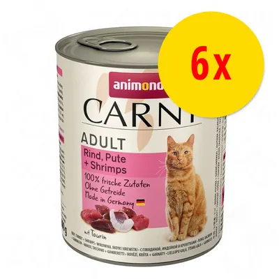 animonda Carny Adult, Rind, Pute + Shrimps, 100 % frische Zutaten, Ohne Getreide, Made in Germany, lot de 6 boîtes, image d’un chat et morceaux de viande visibles sur l’emballage