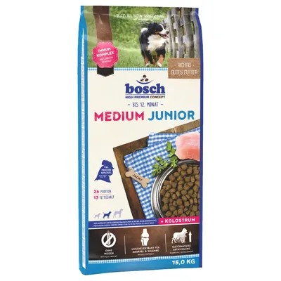 Bosch Medium Junior hrană pentru câini până la 12 luni, 15kg. Complex imunitar cu colostru, fără grâu, 26% proteină, 13% grăsime. Pentru câini de talie medie. Dezvoltare uniformă și suport articular.