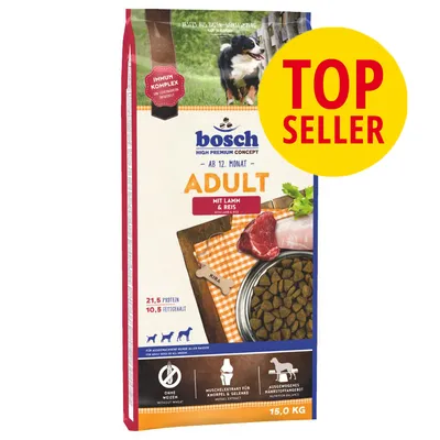 bosch HIGH PREMIUM CONCEPT ADULT mit Lamm & Reis, 21,5 % protein, 10,5 % fedtindhold, uden hvede, 15,0 kg. Stor gul cirkel med rød tekst: TOP SELLER.