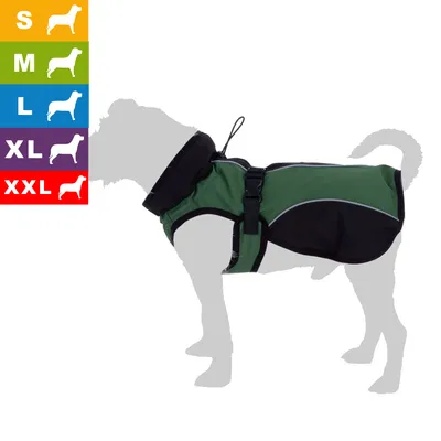 Größenübersicht für Hundebekleidung: S, M, L, XL, XXL. Abgebildet ist ein grüner und schwarzer Mantel an einer Hundesilhouette.