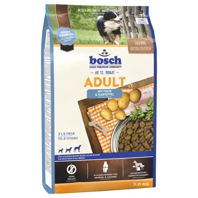 bosch High Premium Concept Adult mit Fisch & Kartoffel, 21,5 % protein, 10,5 % fetthalt, för vuxna hundar alla raser, utan vete, 3,0 kg. Bild på foder och potatis.