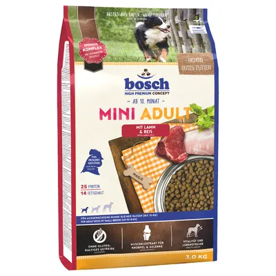 Bosch Mini Adult koiranruoka 10 kuukaudesta alkaen, lampaanliha ja riisi, ilman gluteenipitoisia viljoja, pienille roduille enintään 15 kg, 3 kg pakkaus. Sisältää tuoretta siipikarjaa ja simpukkauutetta.