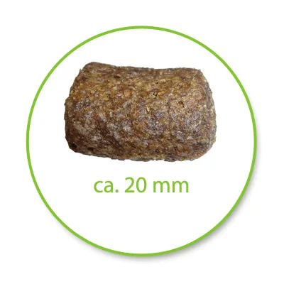 Bucată de hrană uscată pentru animale, formă cilindrică, dimensiune aproximativ 20 mm, textul vizibil: ca. 20 mm.
