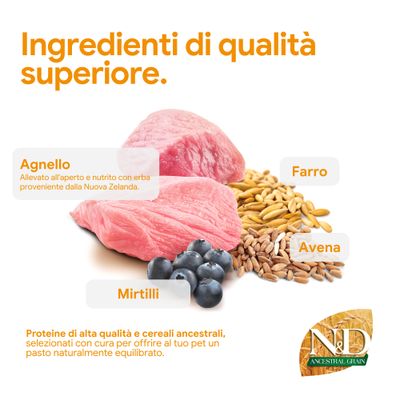 Componenti di alta qualità: agnello dalla Nuova Zelanda, farro, avena, mirtilli. Proteine e cereali antichi per pasti equilibrati. N&D Ancestral Grain.