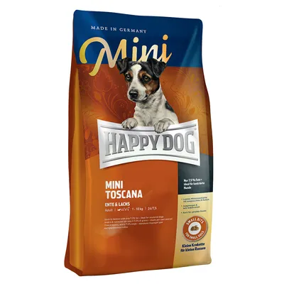 Balení krmiva Happy Dog Mini Toscana, ENTE & LACHS, pro dospělé psy 1–10 kg. Text: Made in Germany, Small Bits für kleine Hunde, Kleine Krokette für kleine Rassen. Balení krmiva Happy Dog Mini Toscana, ENTE & LACHS, pro dospělé psy 1–10 kg. Text: Made in Germany, Small Bits für kleine Hunde, Kleine Krokette für kleine Rassen.