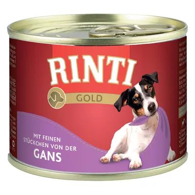 RINTI GOLD hundmatburk, text på tyska: 'MIT FEINEN STÜCKCHEN VON DER GANS', bild på liten svartvit hund på etiketten.