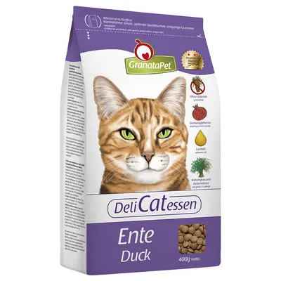 GranataPet DeliCatessen Ente Duck, comida seca para gatos, 400 g. Sin cereales, con semillas de granada, aceite de salmón, hierba gatera y catnip. Texto en alemán e inglés visible.
