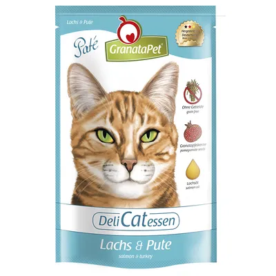 GranataPet Paté DeliCatessen Lachs & Pute. Sin cereales, semillas de granada, aceite de salmón. Sello: Fabricado en Alemania. Imagen de un gato en el envase.