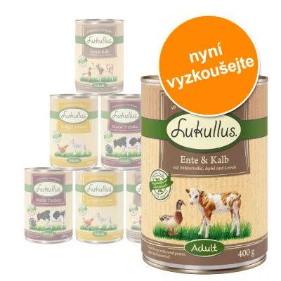 Konzervy Lukullus Adult, různé druhy. Velká konzerva Ente & Kalb 400 g s nápisem 'nyní vyzkoušejte' v oranžovém kruhu.