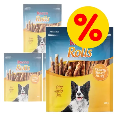 Multipack of Rocco Rolls with chicken breast fillet, resealable 200g packs, special offer indicated by large percentage symbol.