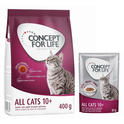 Concept for Life Kombi-Paket: 400 g Trockennahrung + 12 x 85 g Nassnahrung in Soße All Cats 10+ Mixpaket